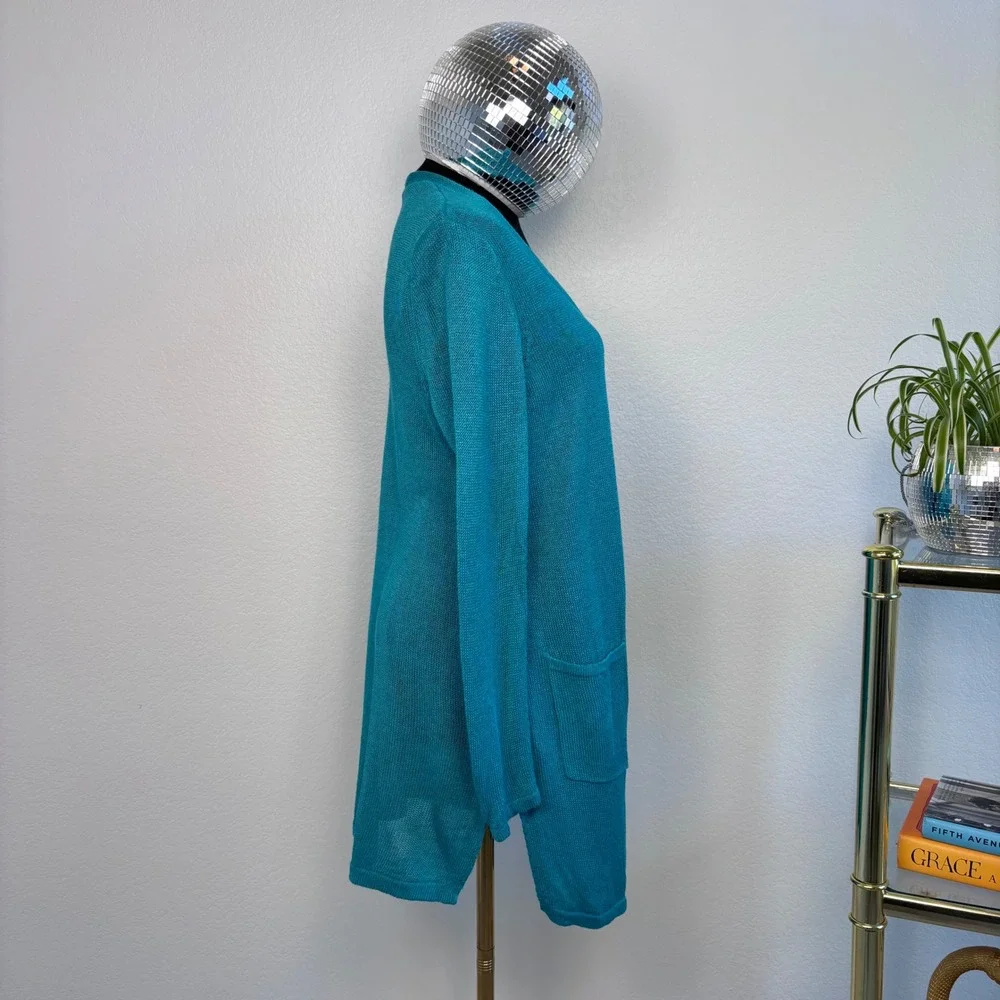 J. Jill Linen Blend‎ Open Front Cardigan, Petite Medium, Teal Coastal beachy